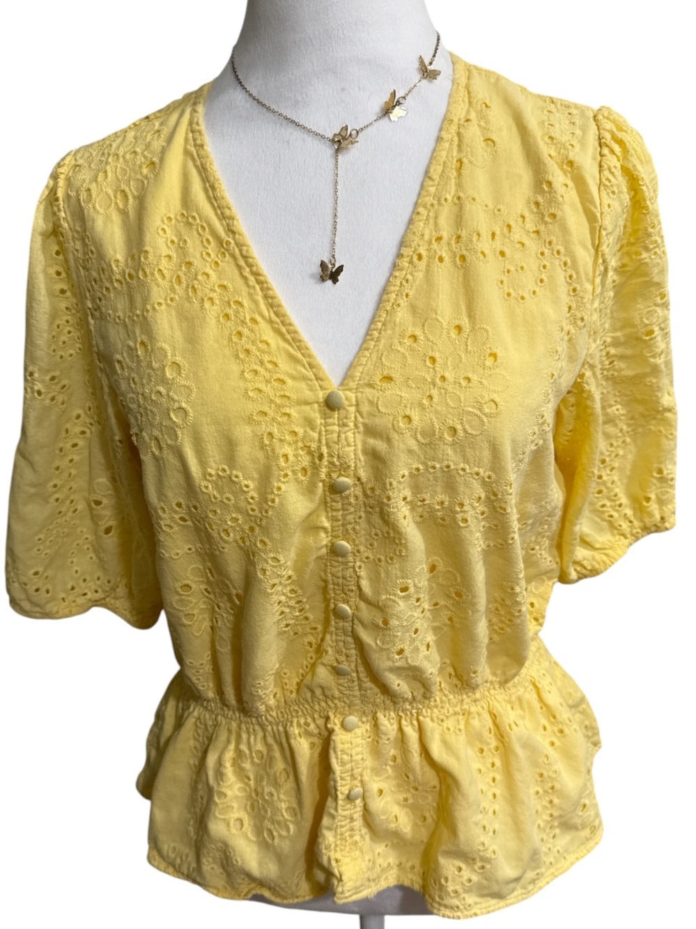 Cottagecore Pastel Yellow Eyelet V-Neck Peplum Puff Sleeve Top
